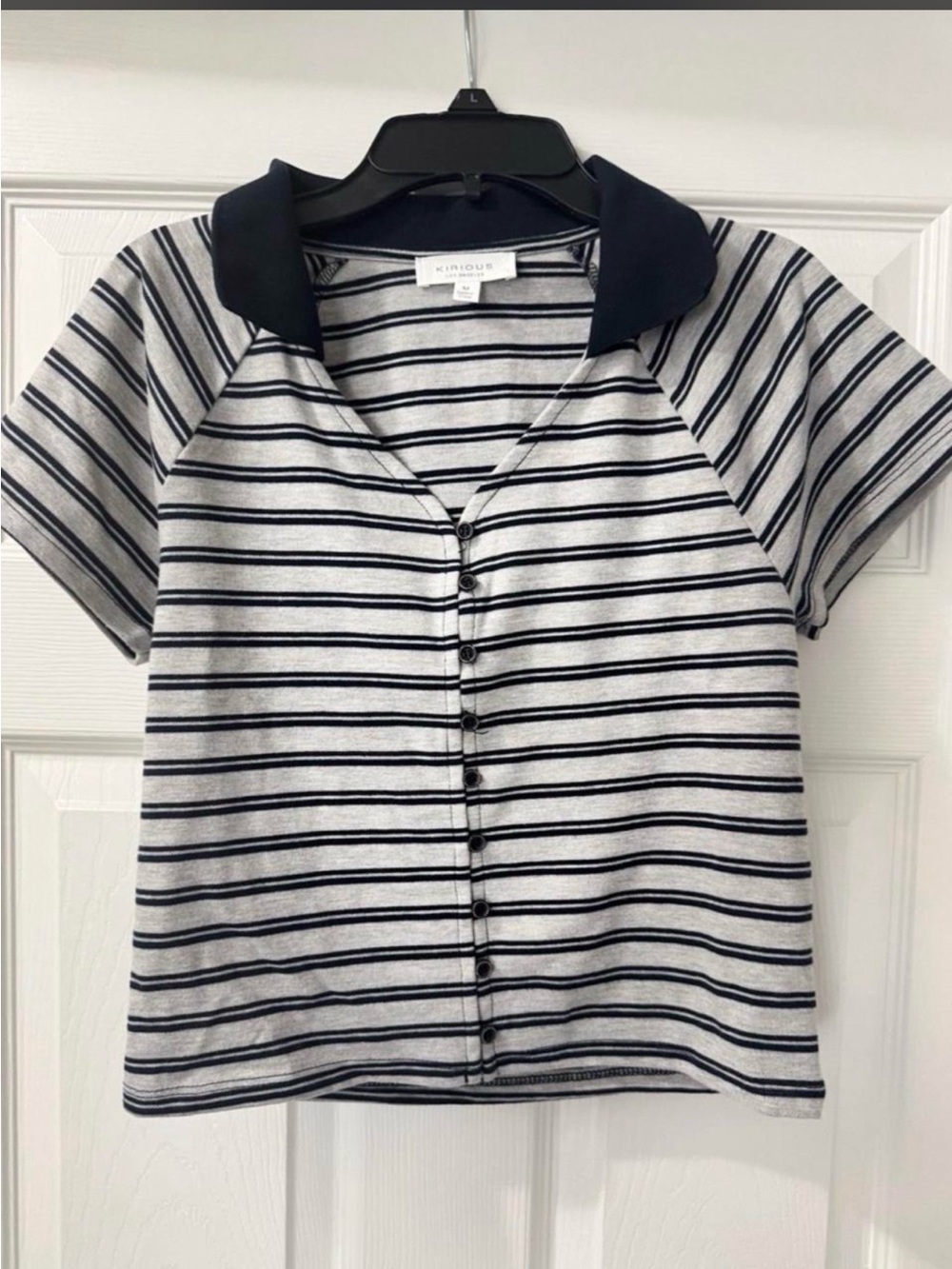 NWOT Striped Button-Front Polo Shirt in Gray & Navy